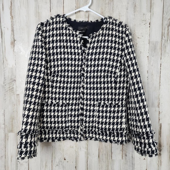 Ann Taylor Houndstooth Fringe Blazer Jacket Black White Size 4 - Picture 2 of 13